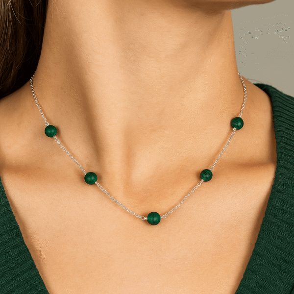 Malachite Crystal Beaded Silver Chain Necklace