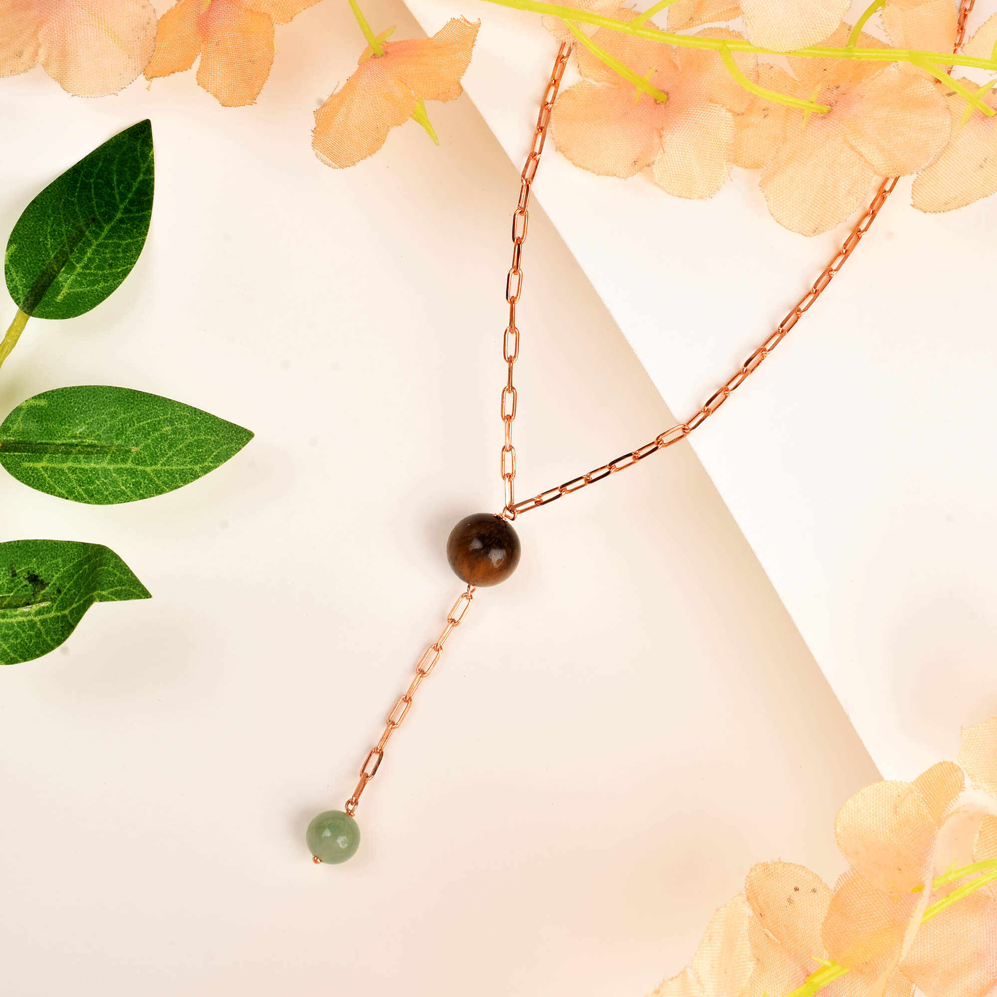 Minimalist Drop Necklace-Green Jade Beads Tiger eye