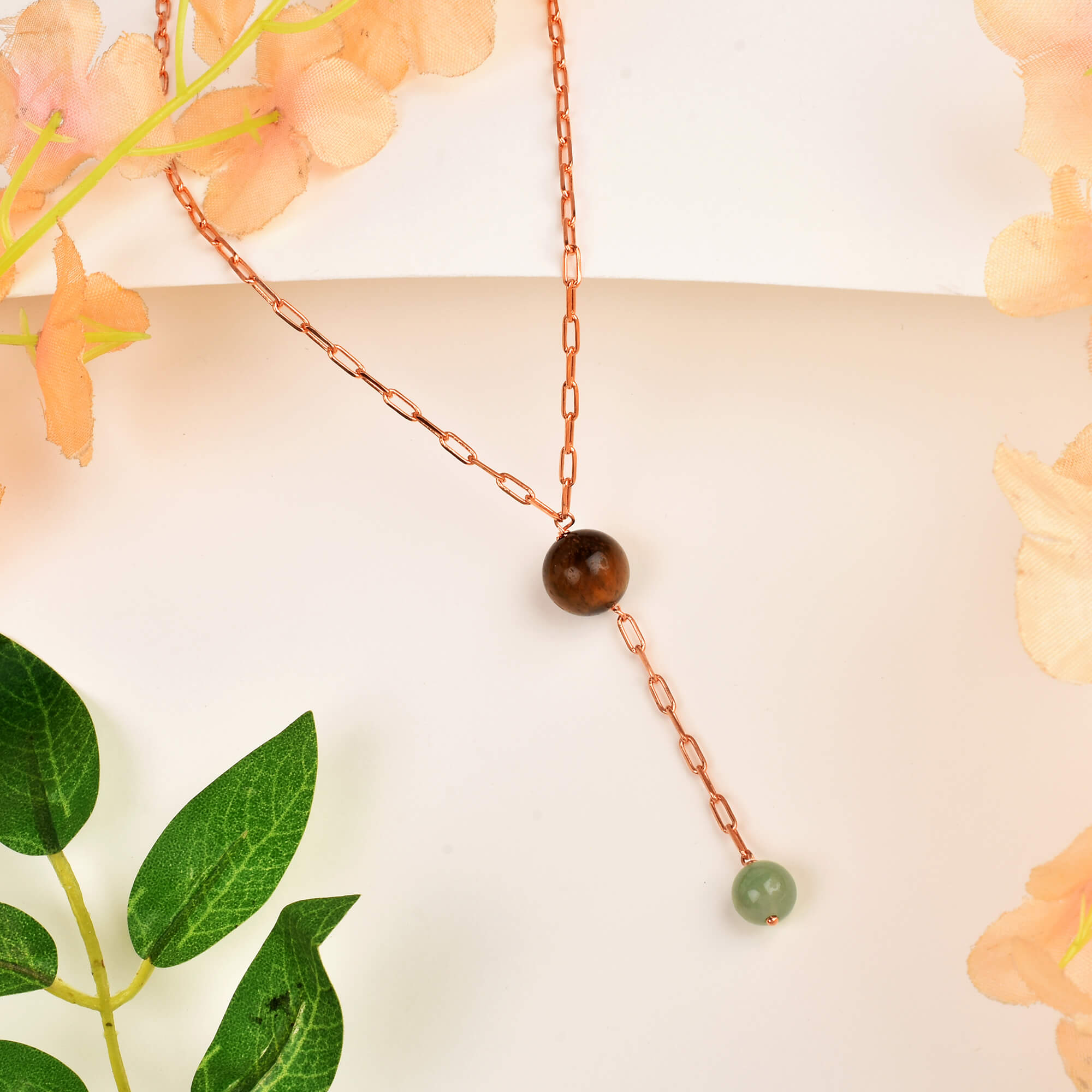 Minimalist Drop Necklace- Tiger beads green aventurine