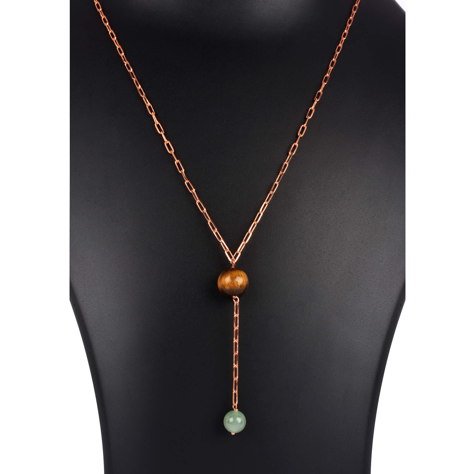 Rose Gold Y Necklace with Tiger Eye and Green Jade Beads – Minimalist Drop Necklace