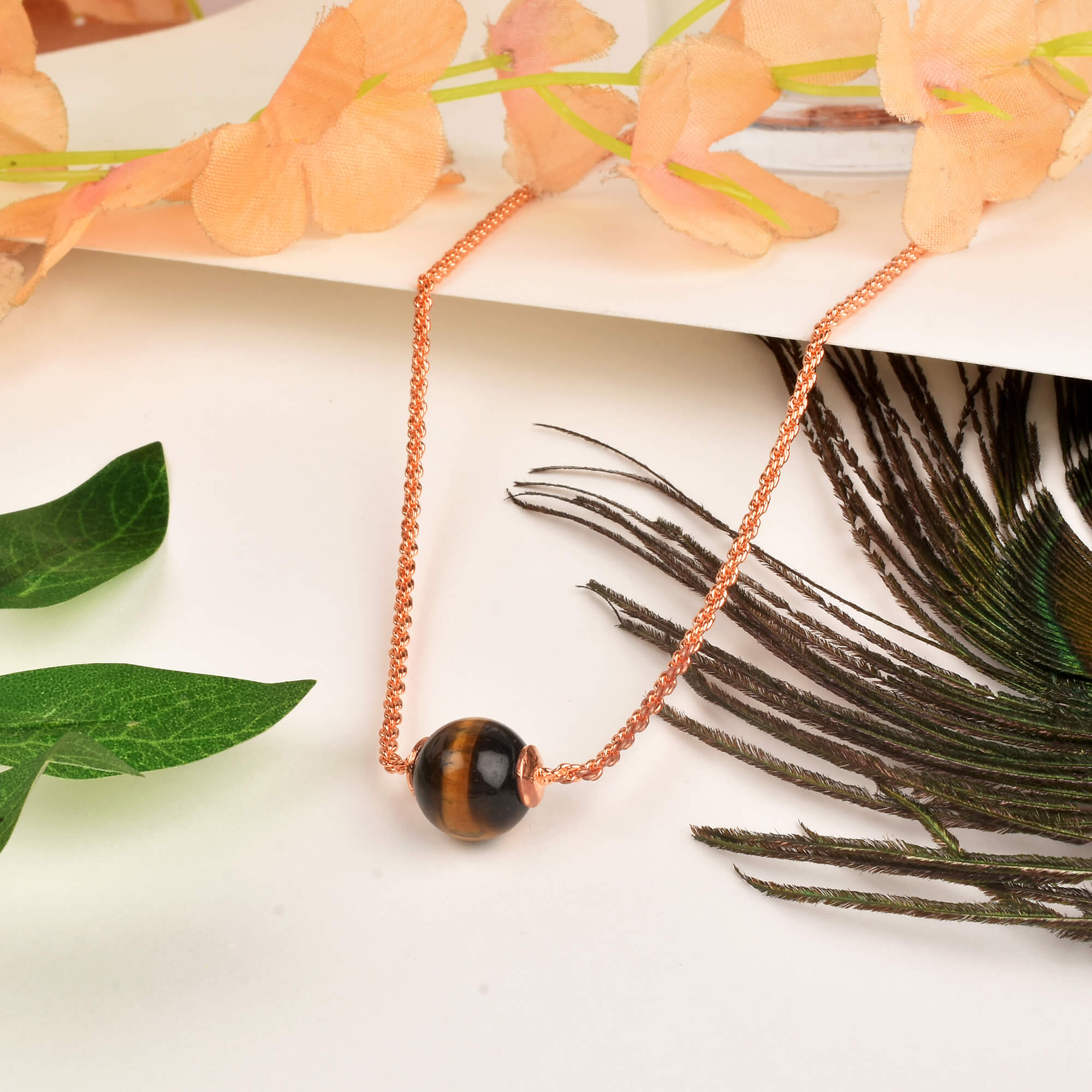 “Tiger Eye gemstone bead necklace rose gold plated minimalist jewelry